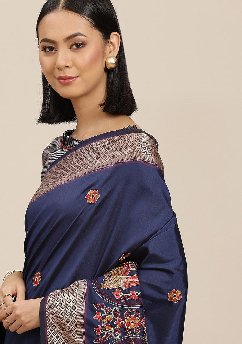 Blue Ethnic Motifs Embroidery Silk Saree Set