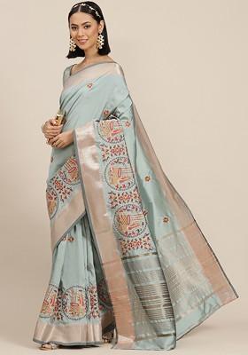 Turquoise Blue Floral Embroidered Silk Saree Set