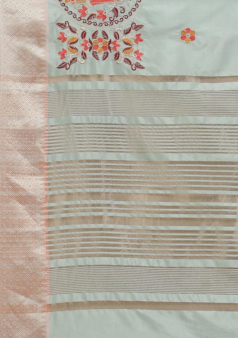 Turquoise Blue Floral Embroidered Silk Saree Set