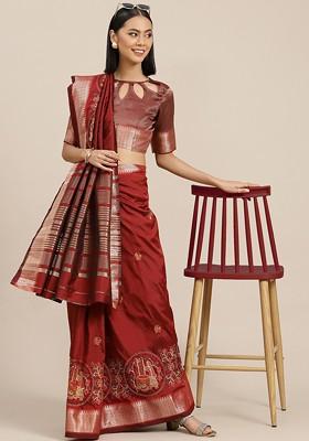Maroon Ethnic Motifs Embroidery Silk Saree Set