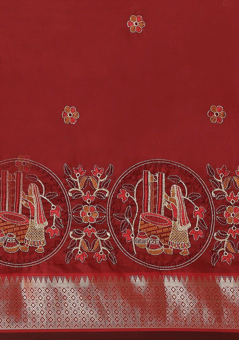 Maroon Ethnic Motifs Embroidery Silk Saree Set