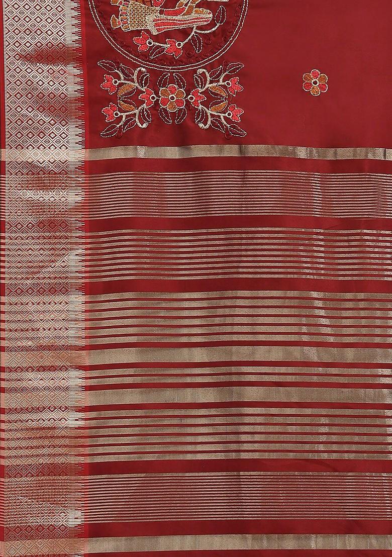 Maroon Ethnic Motifs Embroidery Silk Saree Set