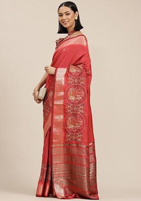 Pink Ethnic Motifs Embroidery Silk Saree Set