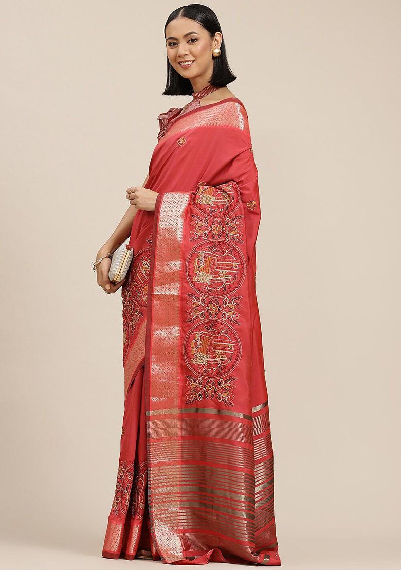 Pink Ethnic Motifs Embroidery Silk Saree Set