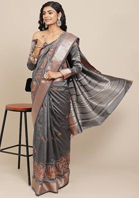 Grey Ethnic Motifs Embroidery Silk Saree Set