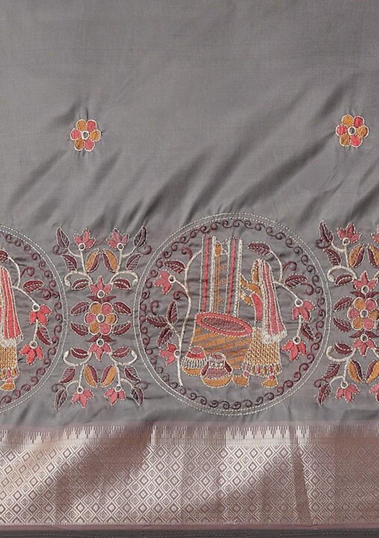 Grey Ethnic Motifs Embroidery Silk Saree Set