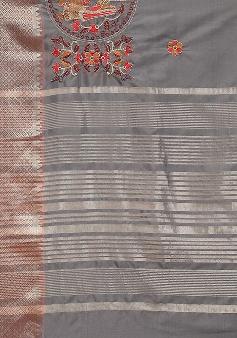 Grey Ethnic Motifs Embroidery Silk Saree Set