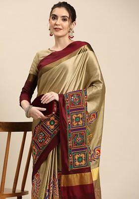 Beige Ethnic Motifs Embroidery Silk Saree Set