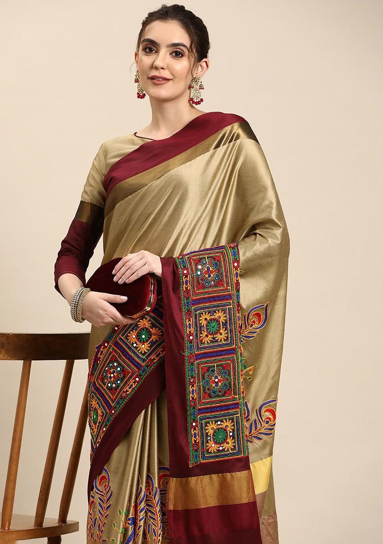 Beige Ethnic Motifs Embroidery Silk Saree Set