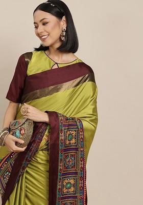 Green Embroidered Poly Blend Saree Set
