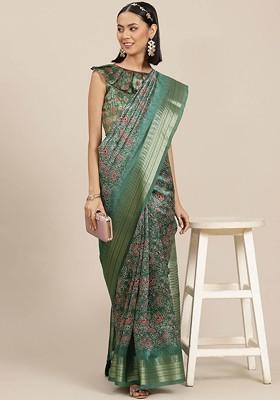 Green Ethnic Motifs Embroidery Poly Blend Saree Set