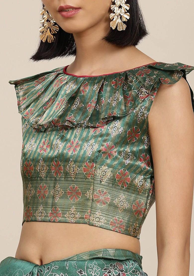 Green Ethnic Motifs Embroidery Poly Blend Saree Set