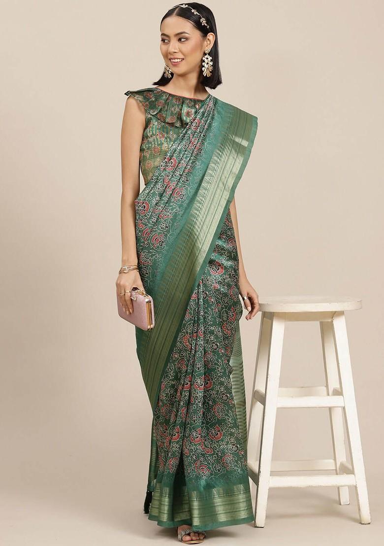 Green Ethnic Motifs Embroidery Poly Blend Saree Set