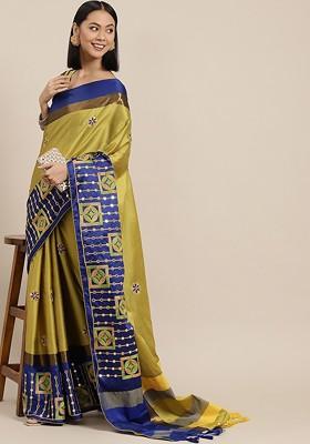 Yellow Ethnic Motifs Embroidery Silk Saree Set
