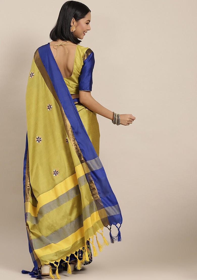 Yellow Ethnic Motifs Embroidery Silk Saree Set