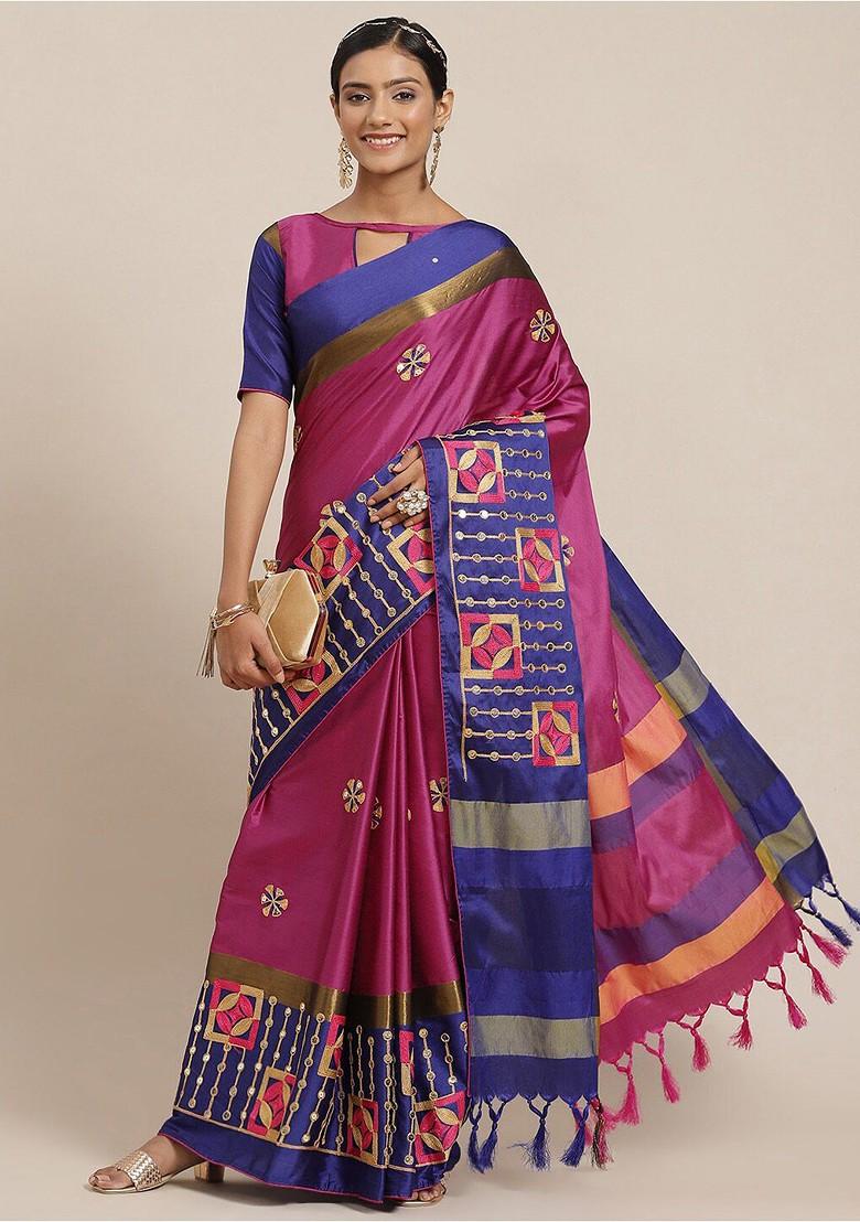 Pink Floral Embroidered Silk Saree Set