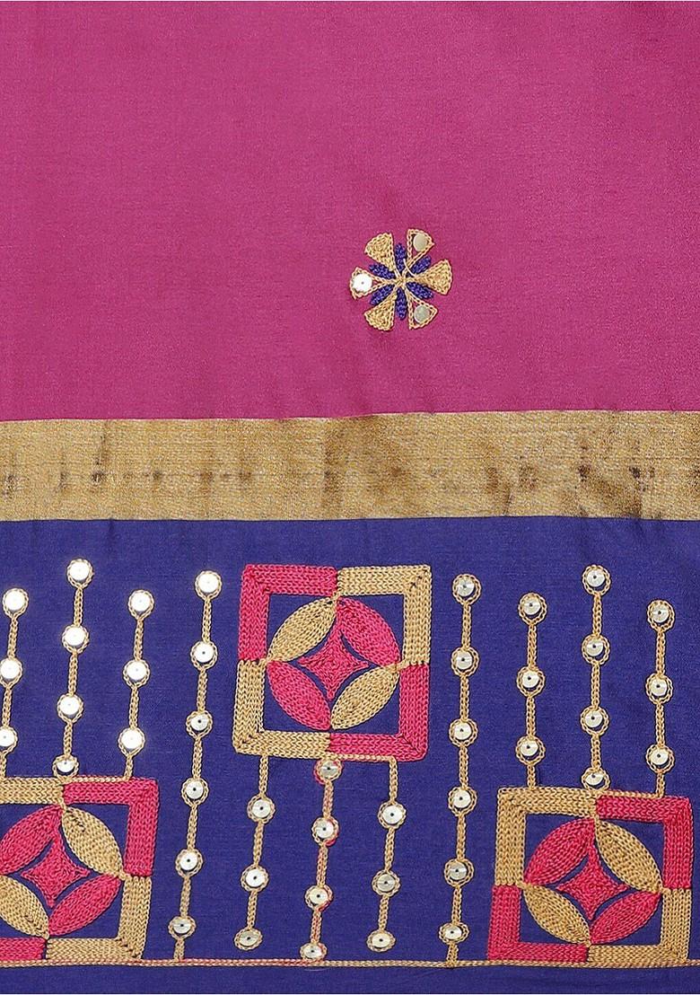 Pink Floral Embroidered Silk Saree Set