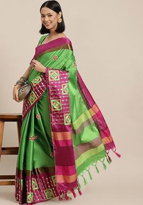 Green Floral Embroidered Silk Saree Set