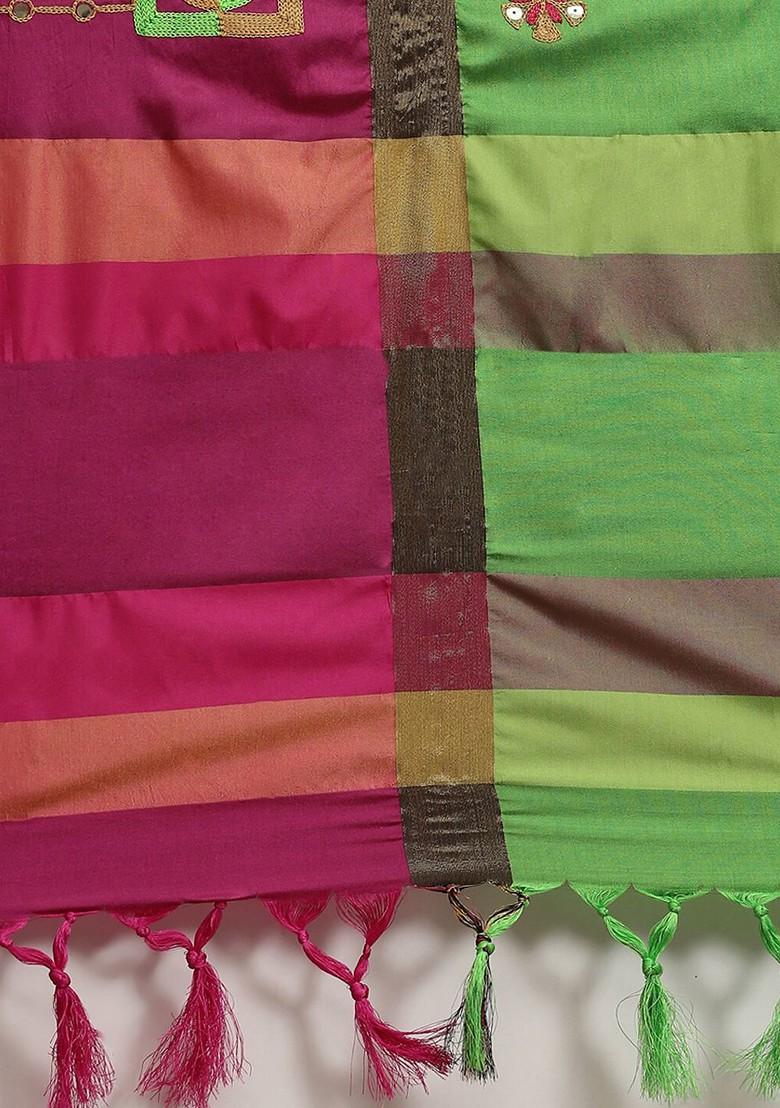 Green Floral Embroidered Silk Saree Set