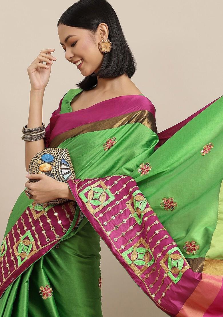Green Floral Embroidered Silk Saree Set