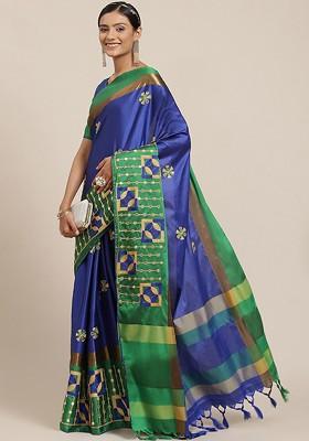 Blue Ethnic Motifs Embroidery Silk Saree Set
