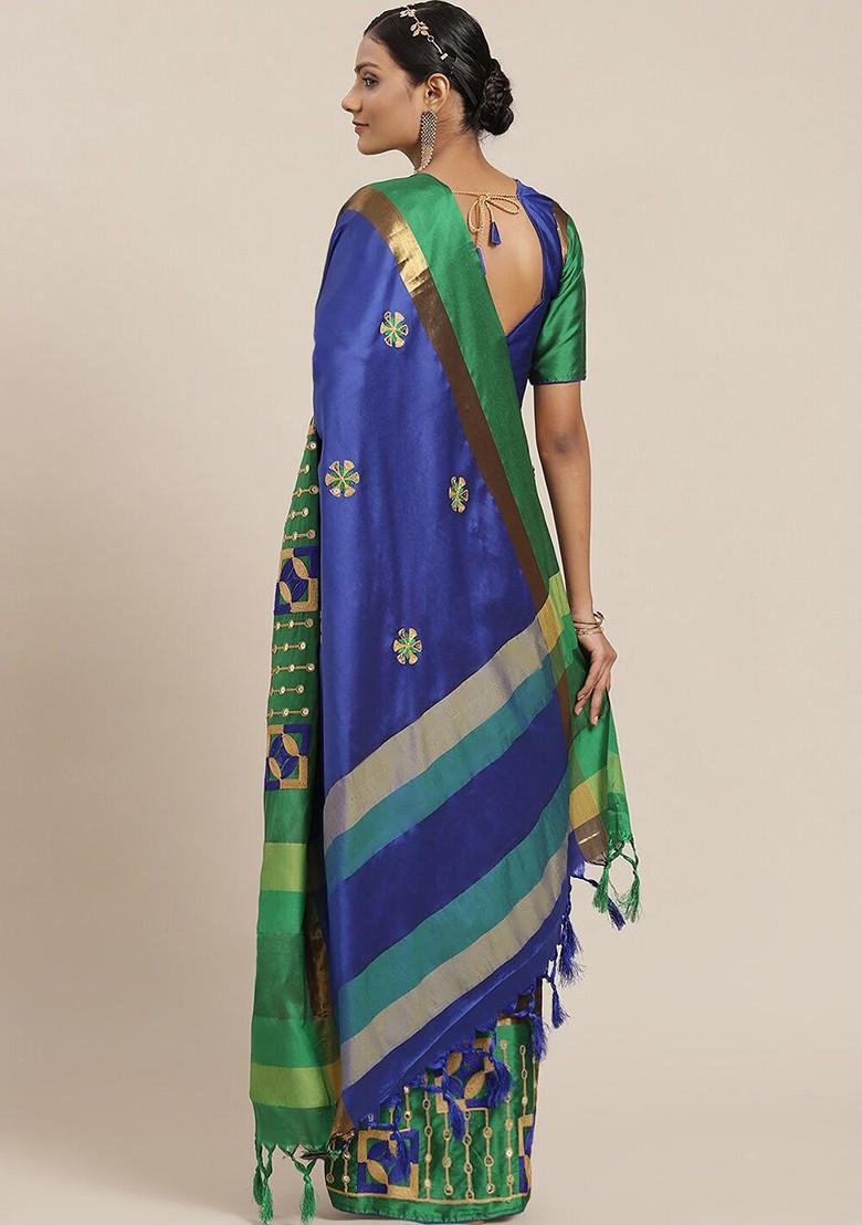 Blue Ethnic Motifs Embroidery Silk Saree Set