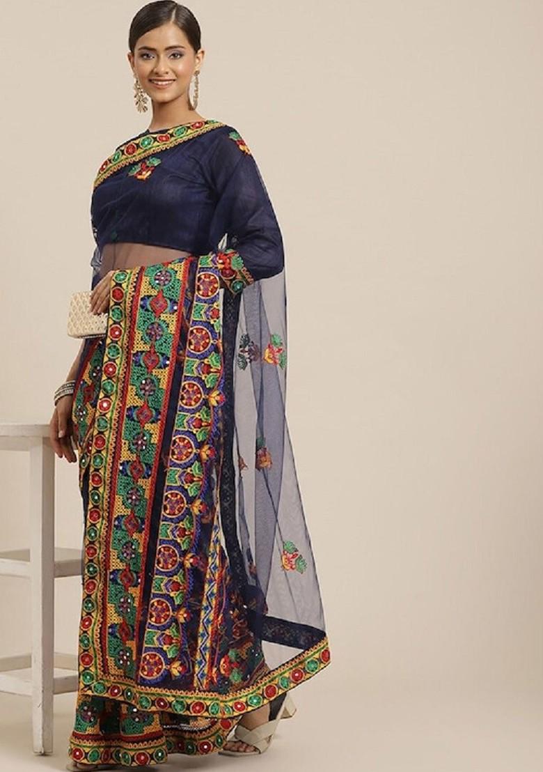 Blue Ethnic Motifs Embroidery Poly Blend Saree Set