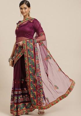 Purple Ethnic Motifs Embroidery Poly Blend Saree Set