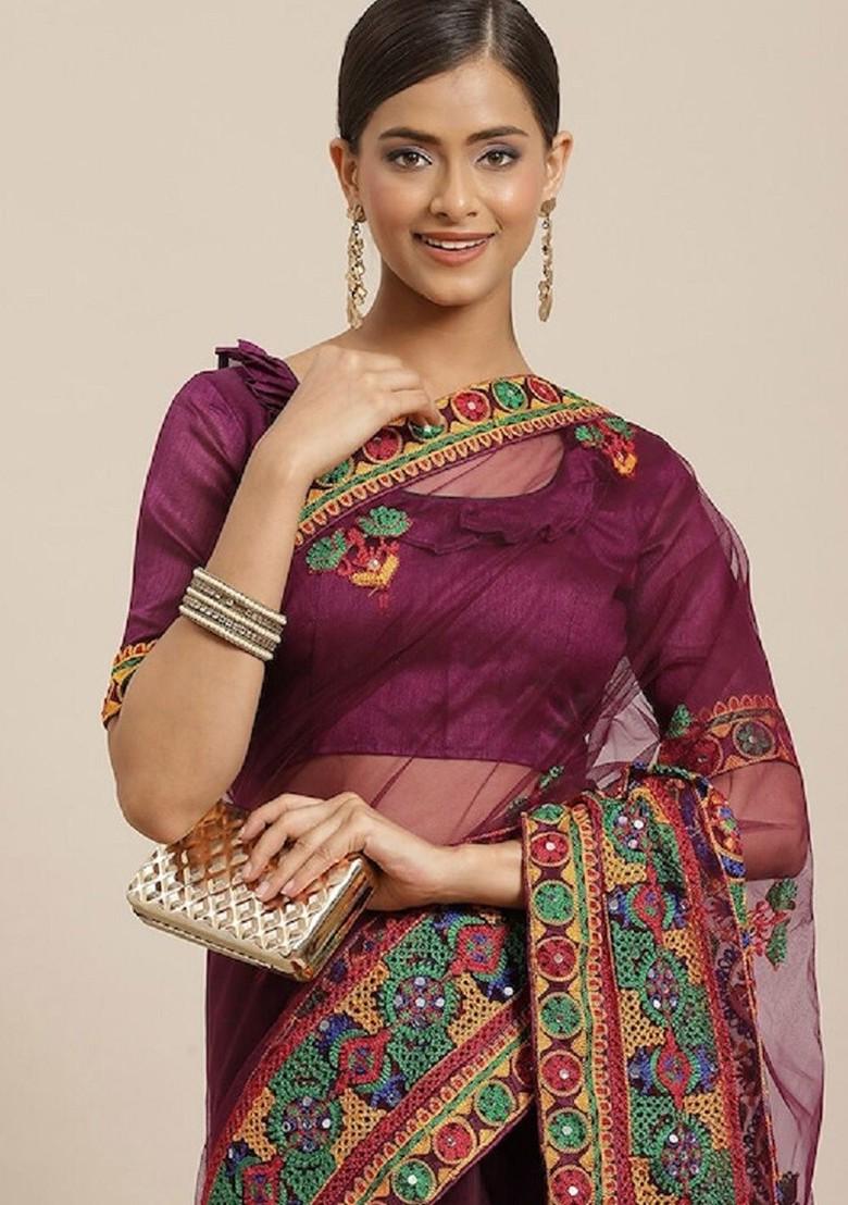 Purple Ethnic Motifs Embroidery Poly Blend Saree Set