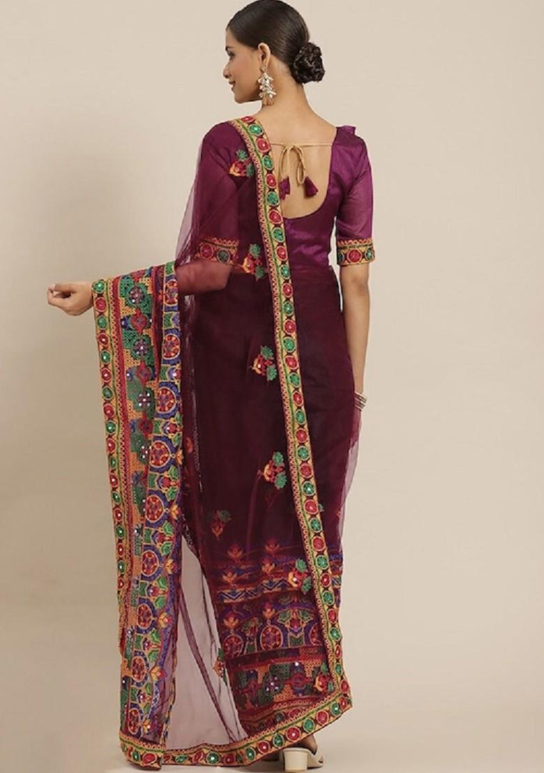 Purple Ethnic Motifs Embroidery Poly Blend Saree Set