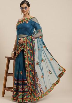 Turquoise Blue Ethnic Motifs Embroidery Poly Blend Saree Set