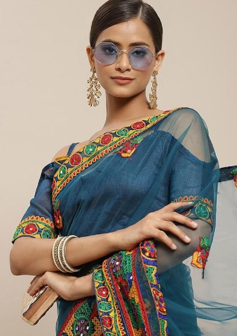 Turquoise Blue Ethnic Motifs Embroidery Poly Blend Saree Set