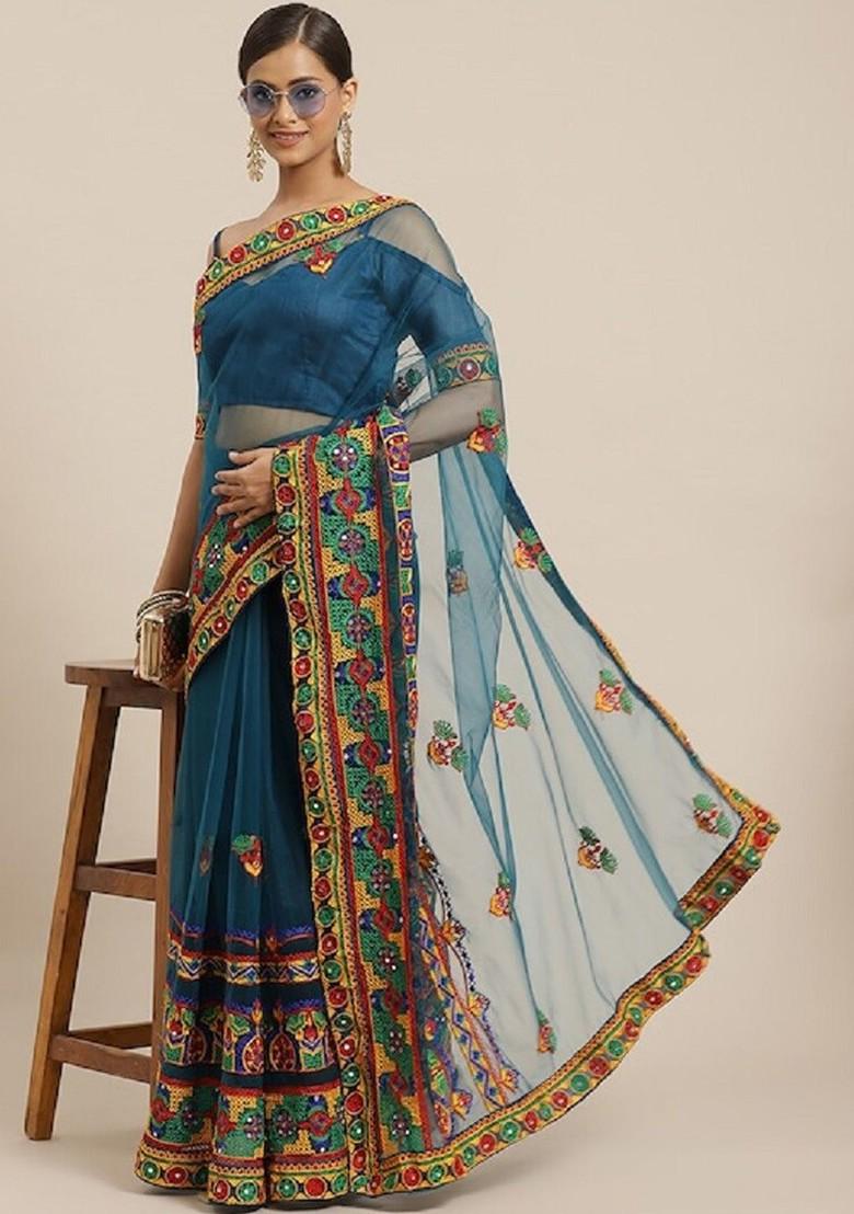 Turquoise Blue Ethnic Motifs Embroidery Poly Blend Saree Set