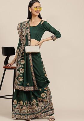 Green Ethnic Motifs Embroidery Poly Blend Saree Set