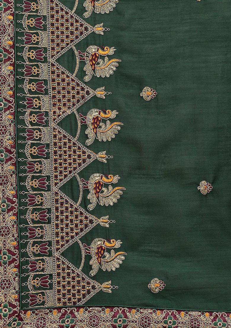 Green Ethnic Motifs Embroidery Poly Blend Saree Set