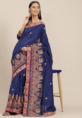 Blue Ethnic Motifs Embroidery Poly Blend Saree Set