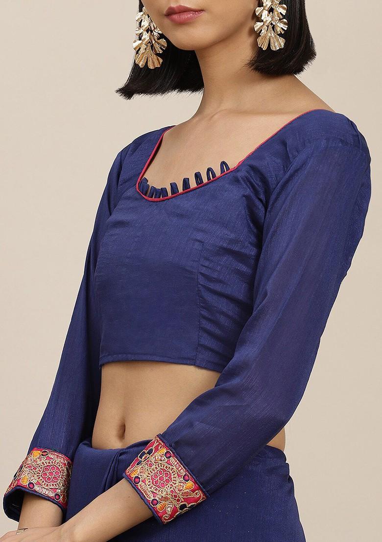 Blue Ethnic Motifs Embroidery Poly Blend Saree Set