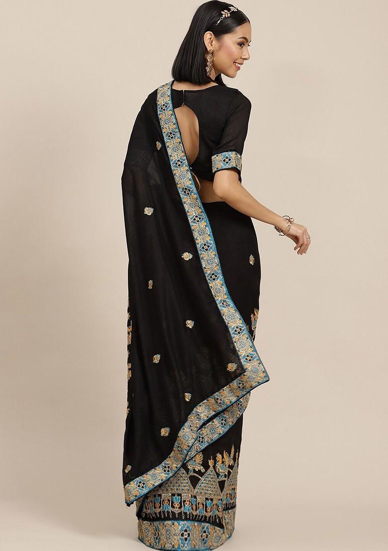 Black Ethnic Motifs Embroidery Poly Blend Saree Set