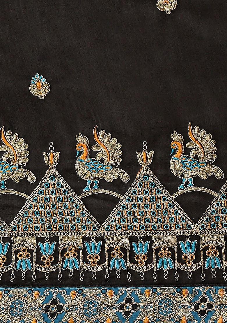 Black Ethnic Motifs Embroidery Poly Blend Saree Set