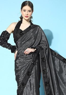 Grey Floral Print Silk Saree Set