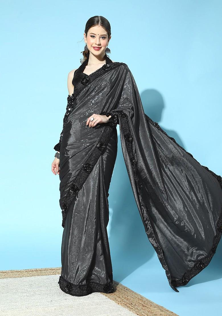 Grey Floral Print Silk Saree Set