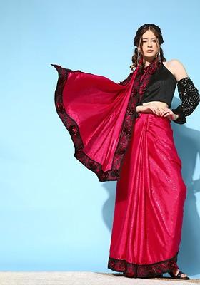 Pink Floral Print Silk Saree Set