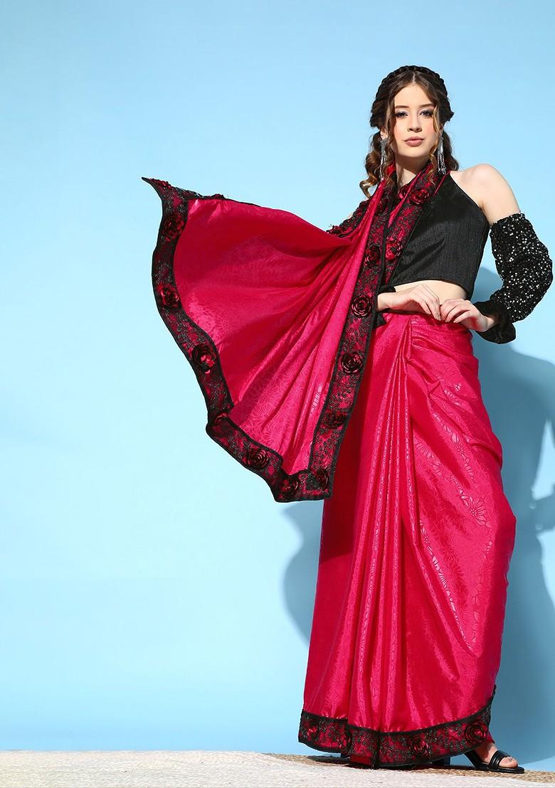 Pink Floral Print Silk Saree Set