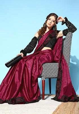 Purple Floral Print Silk Saree Set