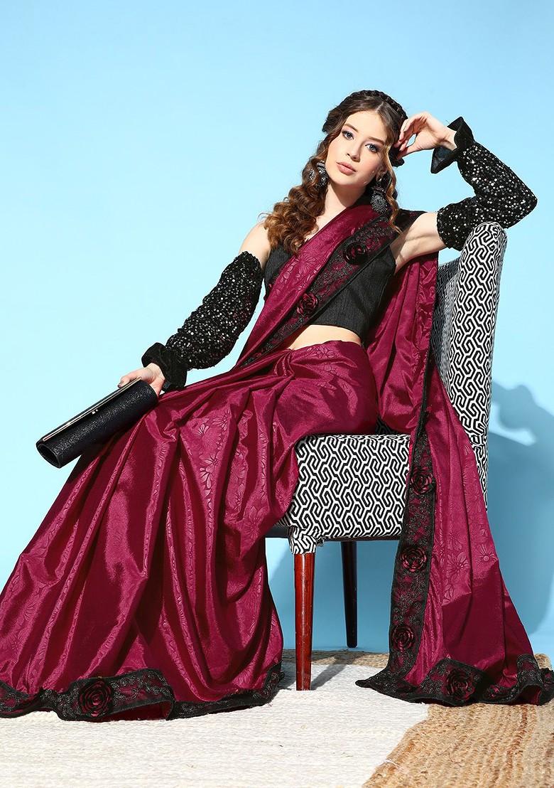 Purple Floral Print Silk Saree Set