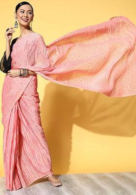 Pink Sequin Embroidered Poly Blend Saree Set