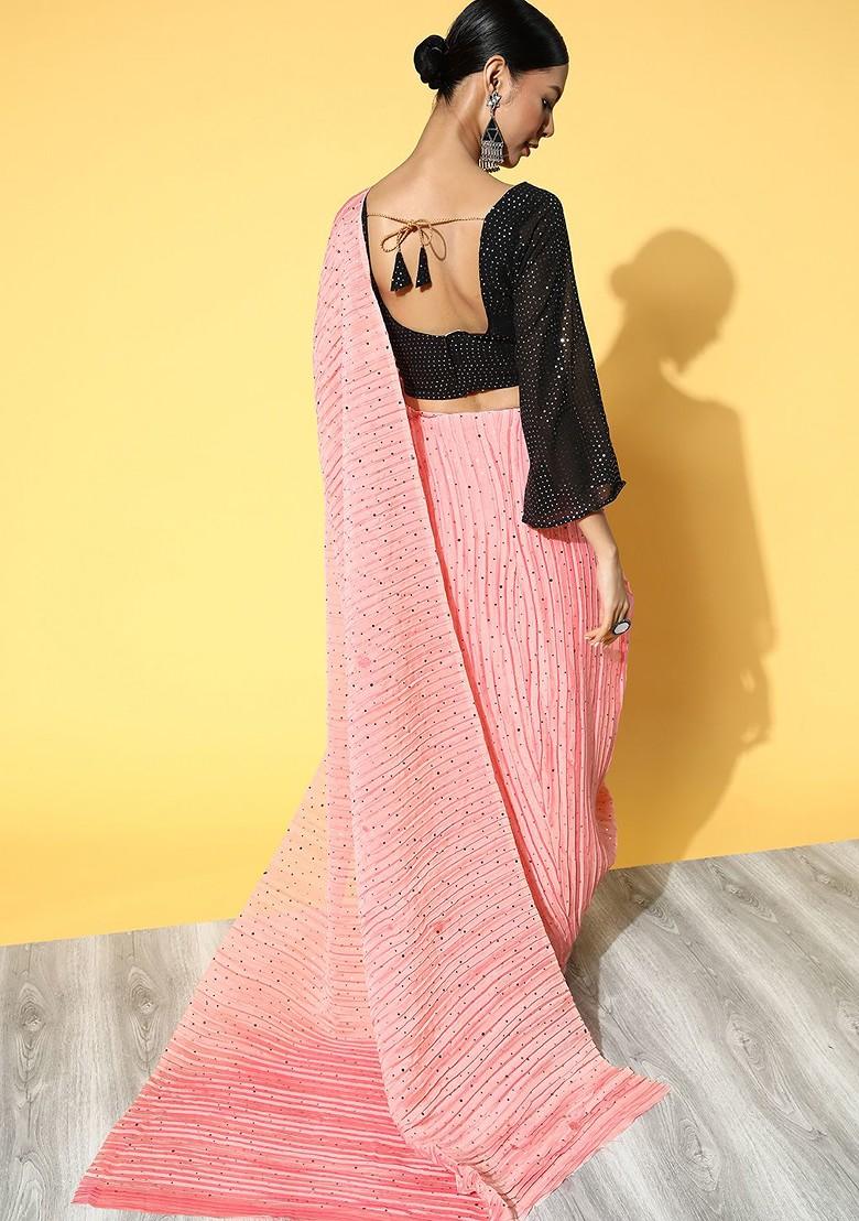 Pink Sequin Embroidered Poly Blend Saree Set