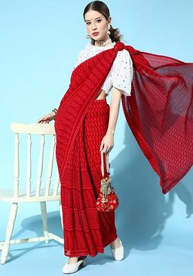 Red Ethnic Motifs Embroidery Silk Saree Set