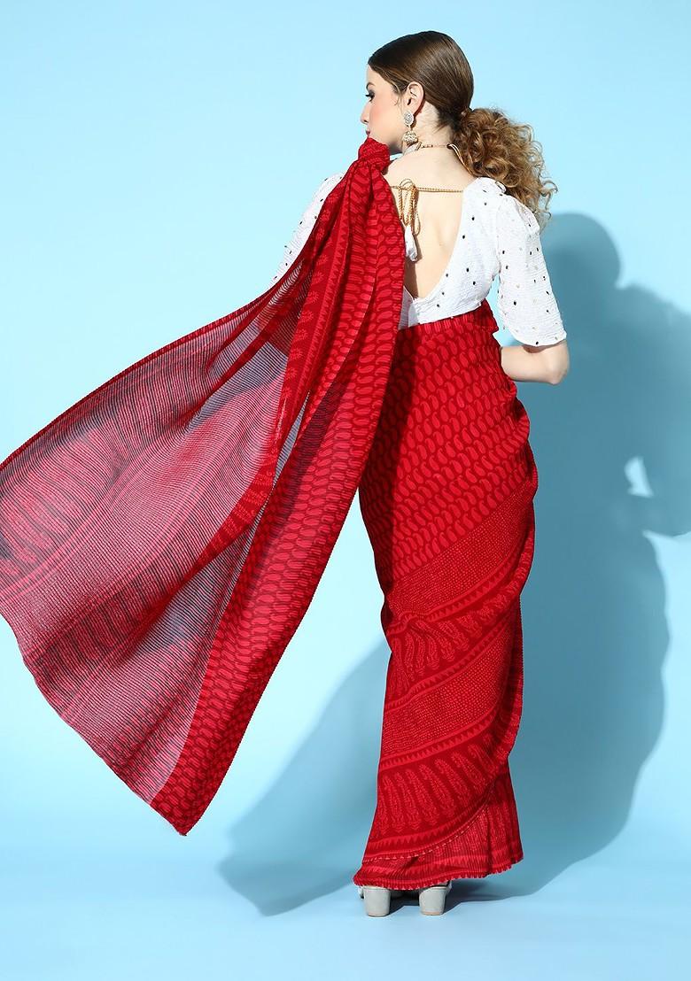 Red Ethnic Motifs Embroidery Silk Saree Set