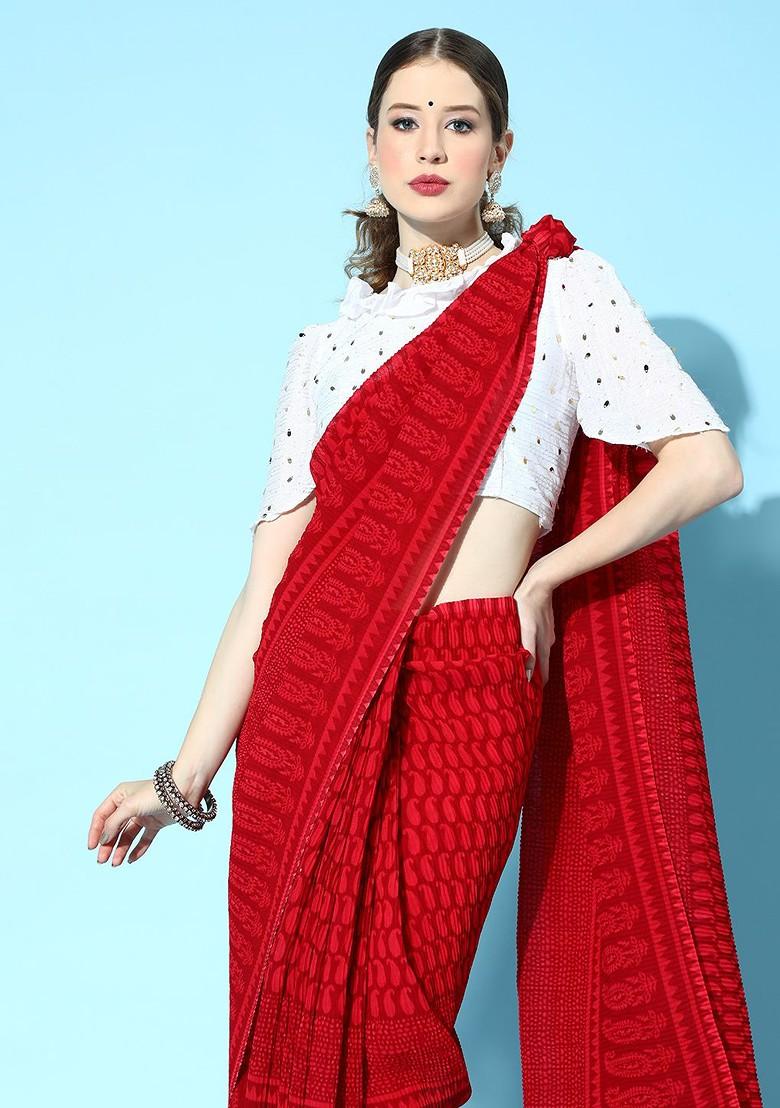 Red Ethnic Motifs Embroidery Silk Saree Set